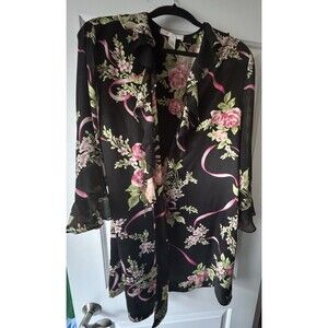 Oscar de la Renta Pink Label Robe Size Large Black Floral Kimono Pockets NO BELT